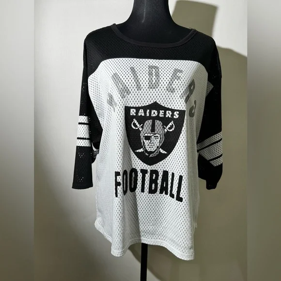 NFL Raiders Women’s Mesh Jersey Top Black White TEAM APPAREL XL Football Tee - Picture 6 of 9